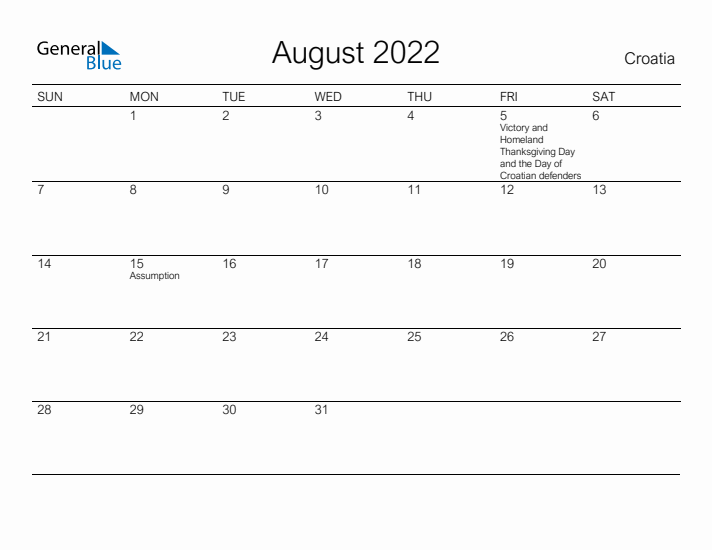 Printable August 2022 Calendar for Croatia