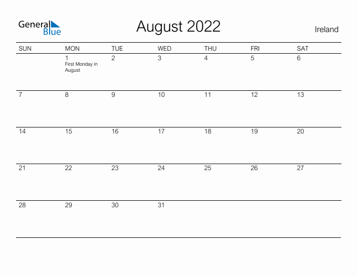 Printable August 2022 Calendar for Ireland