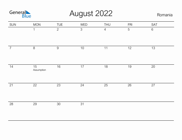 Printable August 2022 Calendar for Romania