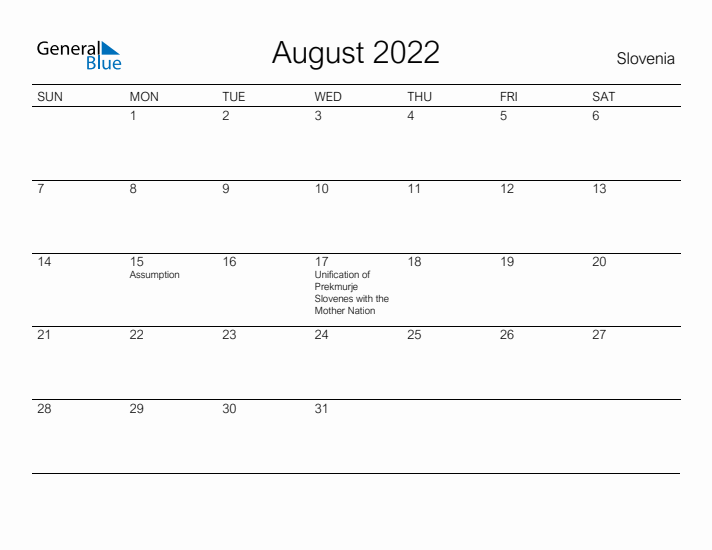 Printable August 2022 Calendar for Slovenia