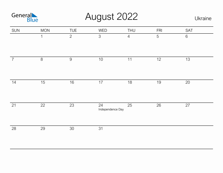 Printable August 2022 Calendar for Ukraine