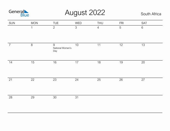 Printable August 2022 Calendar for South Africa