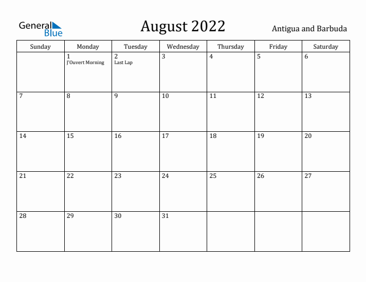 August 2022 Calendar Antigua and Barbuda