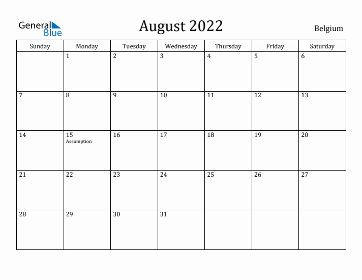 August 2022 Calendar Belgium