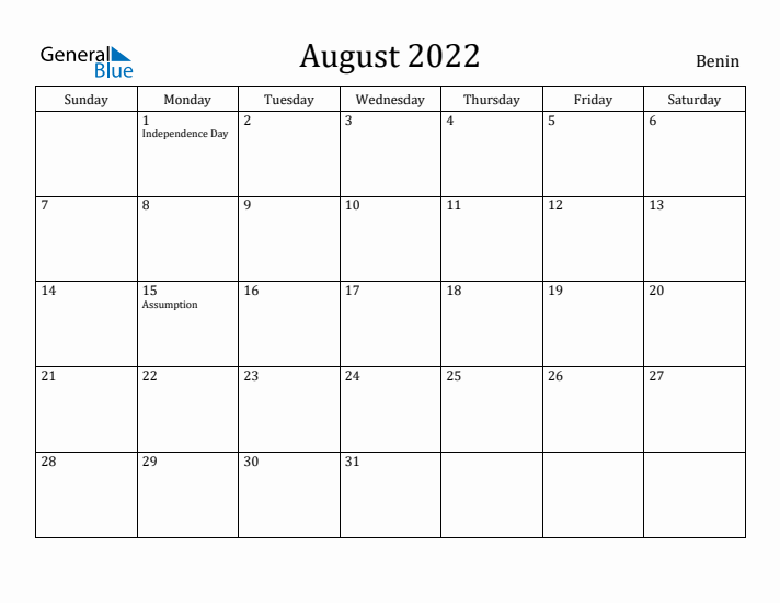 August 2022 Calendar Benin