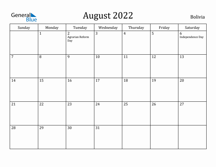 August 2022 Calendar Bolivia