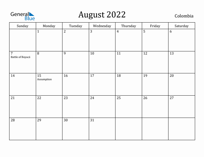 August 2022 Calendar Colombia