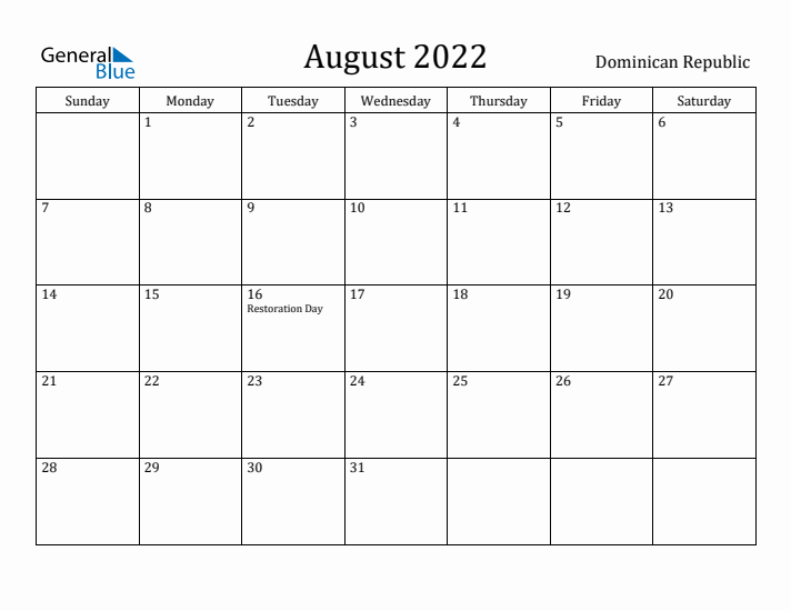 August 2022 Calendar Dominican Republic