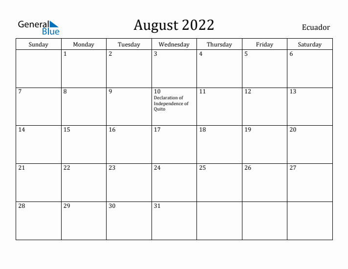 August 2022 Calendar Ecuador