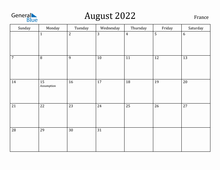 August 2022 Calendar France