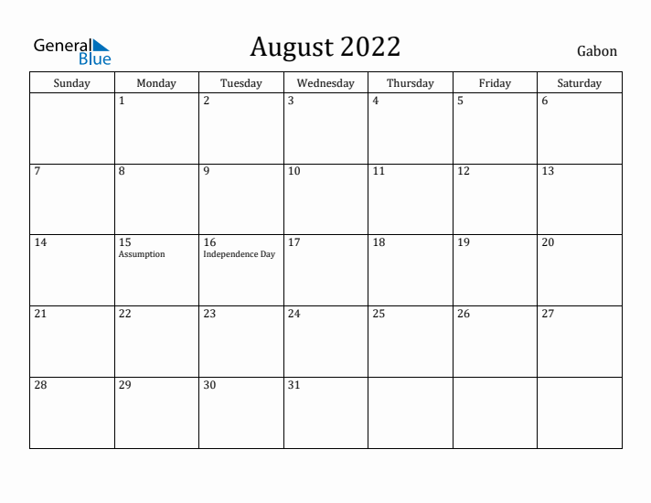 August 2022 Calendar Gabon