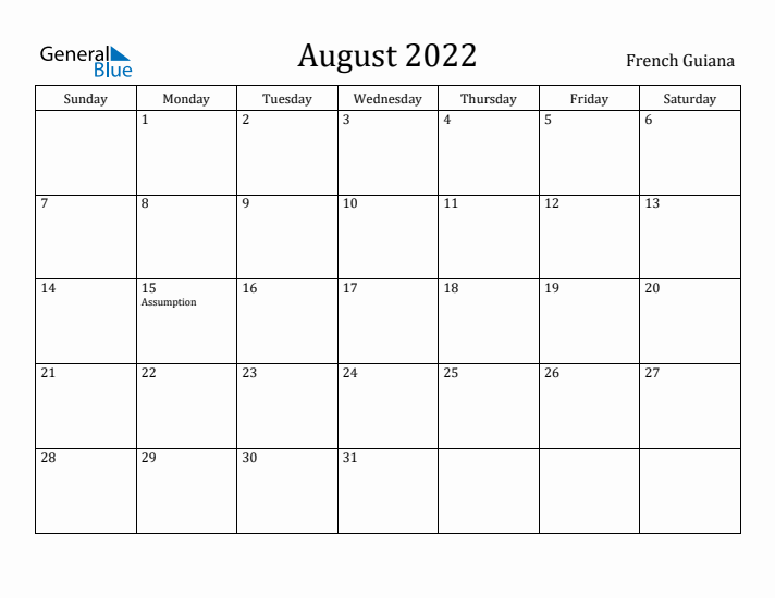 August 2022 Calendar French Guiana