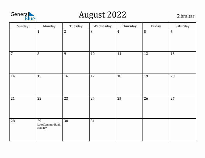 August 2022 Calendar Gibraltar