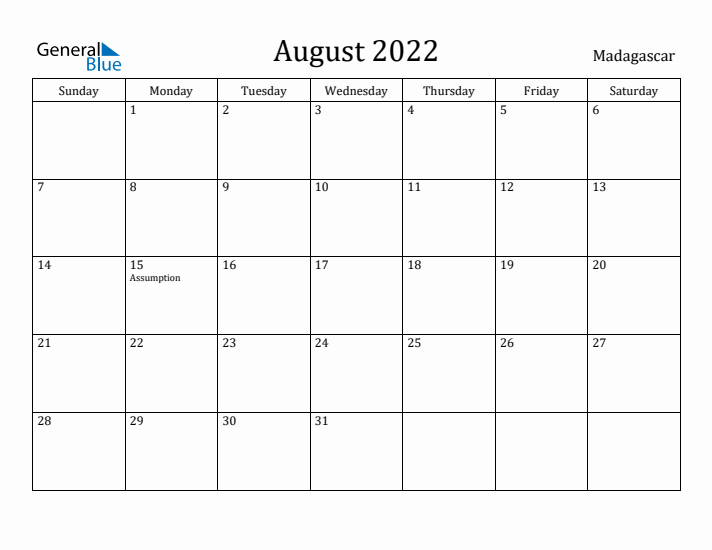 August 2022 Calendar Madagascar