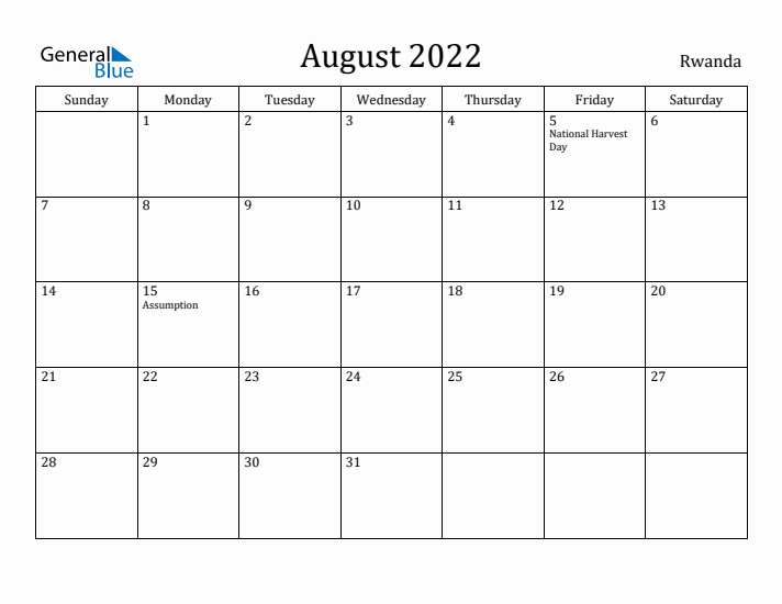 August 2022 Calendar Rwanda