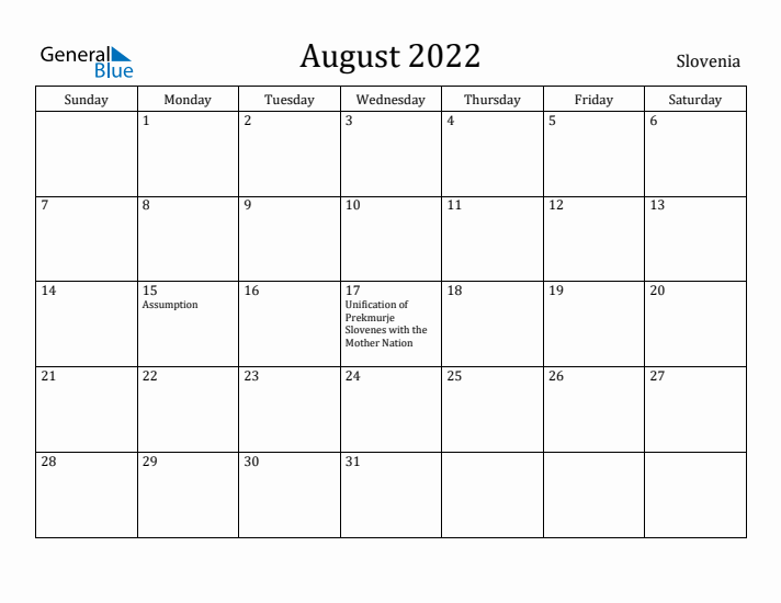 August 2022 Calendar Slovenia