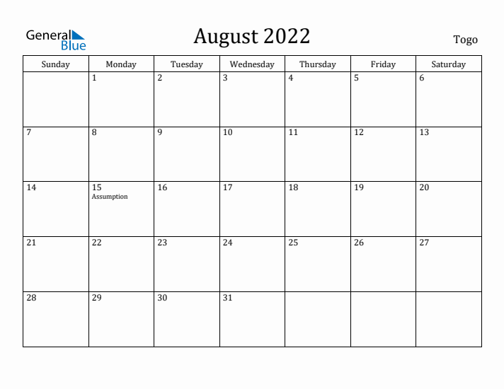 August 2022 Calendar Togo