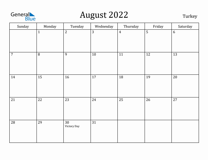 August 2022 Calendar Turkey