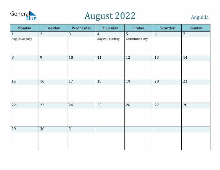 August 2022 Calendar with Holidays