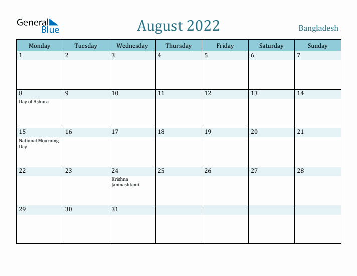 August 2022 Calendar with Holidays