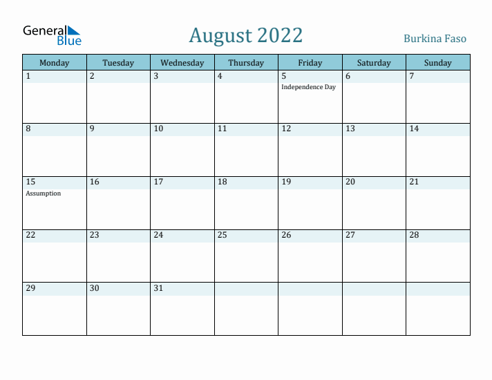 August 2022 Calendar with Holidays