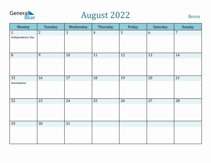 August 2022 Calendar with Holidays