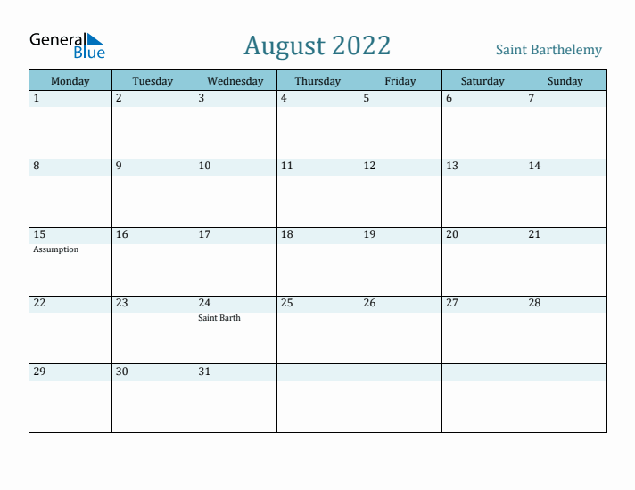 August 2022 Calendar with Holidays