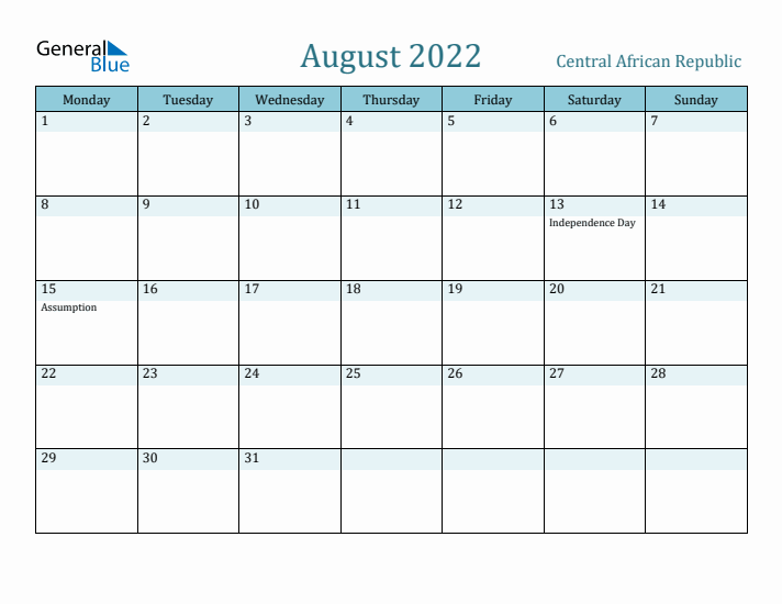 August 2022 Calendar with Holidays