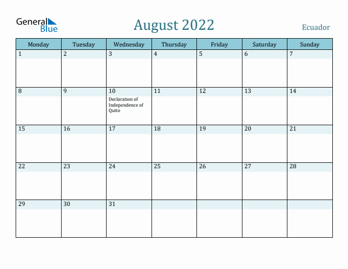 August 2022 Calendar with Holidays