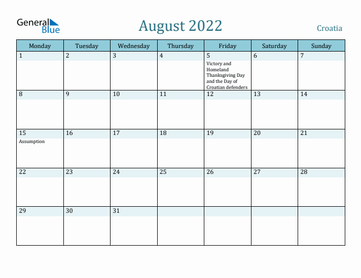 August 2022 Calendar with Holidays