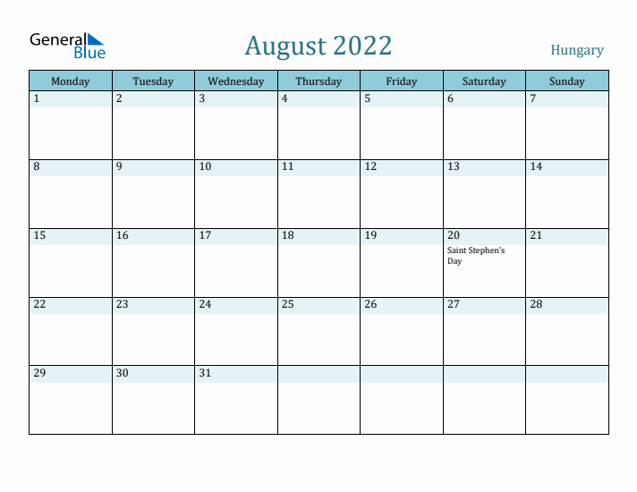 August 2022 Calendar with Holidays