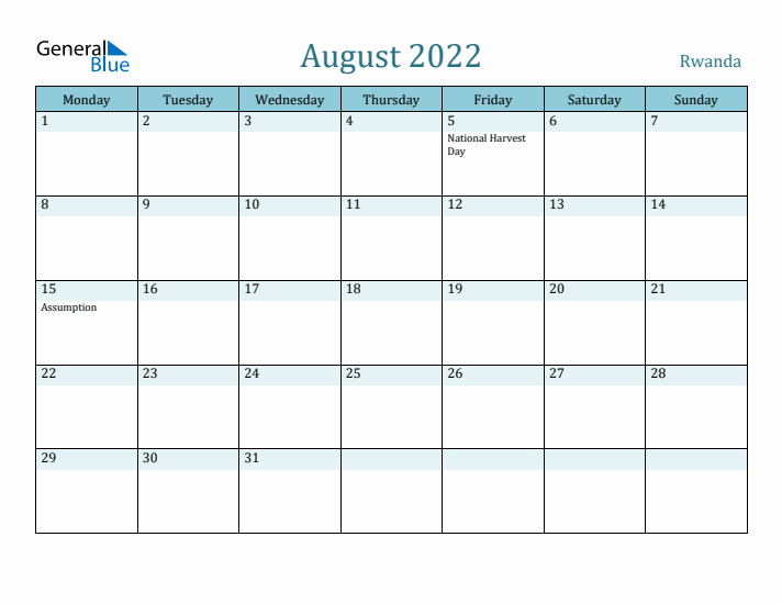 August 2022 Calendar with Holidays