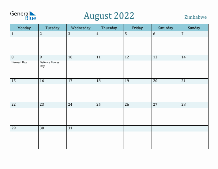 August 2022 Calendar with Holidays