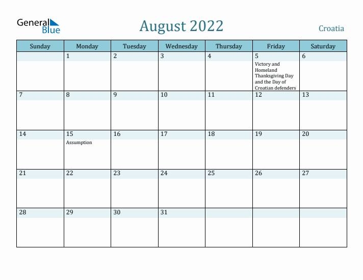 August 2022 Calendar with Holidays