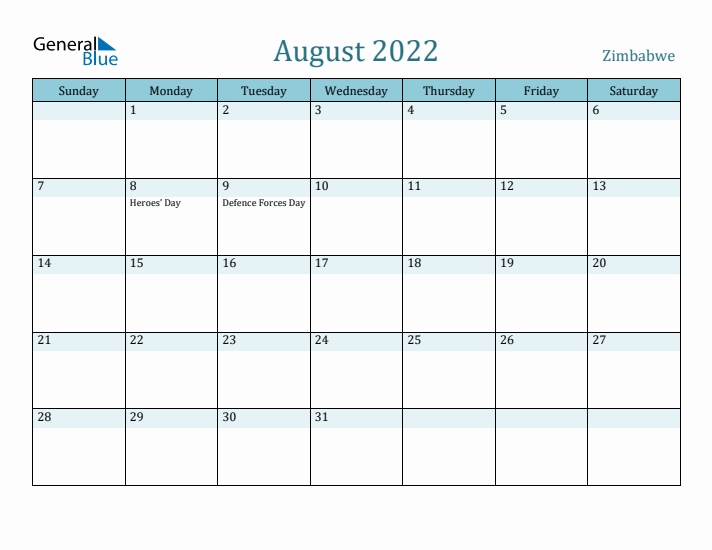 August 2022 Calendar with Holidays