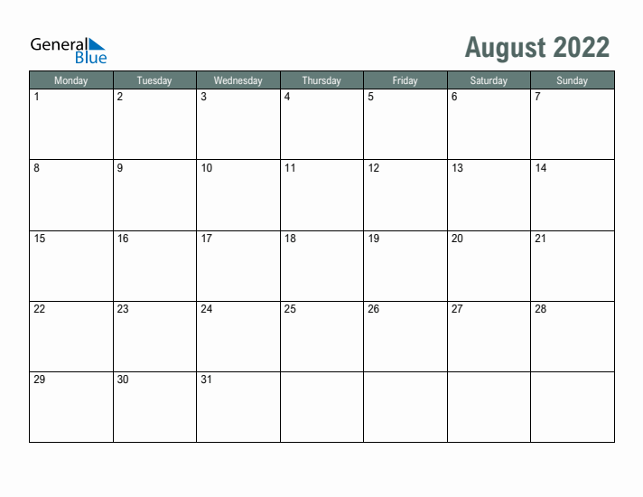 Free Printable August 2022 Calendar