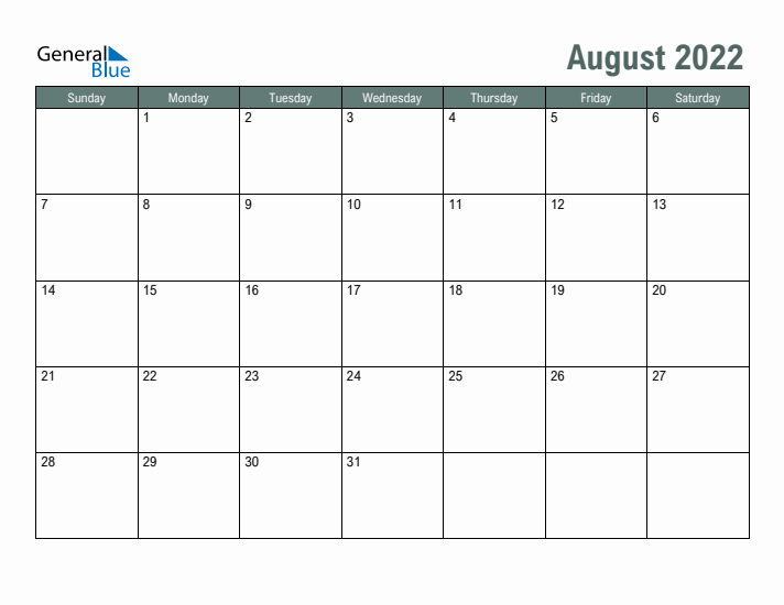 Free Printable August 2022 Calendar