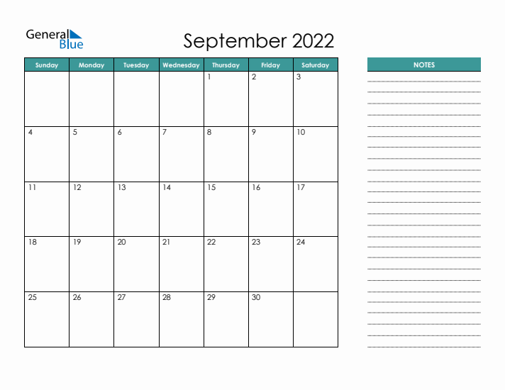 September 2022 Calendar with Notes