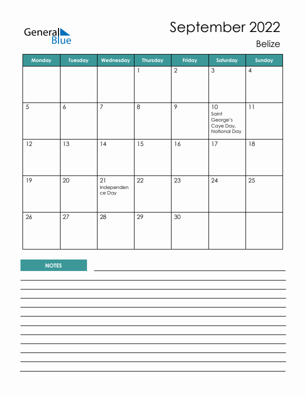 Calendar with Notes Printable - Monday Start