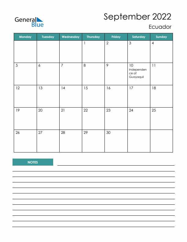 Calendar with Notes Printable - Monday Start