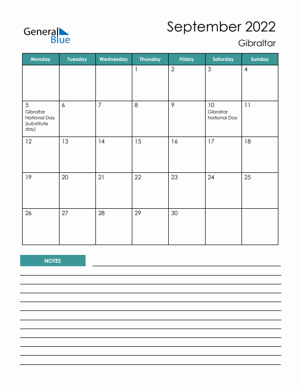 Calendar with Notes Printable - Monday Start