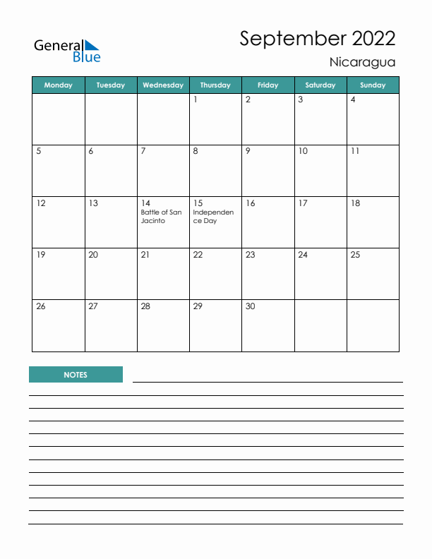 Calendar with Notes Printable - Monday Start