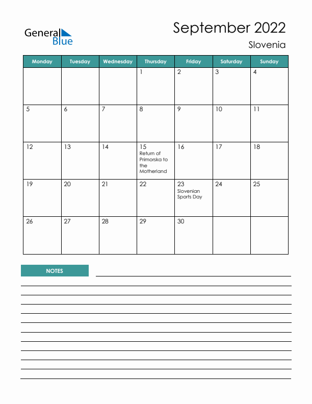 Calendar with Notes Printable - Monday Start