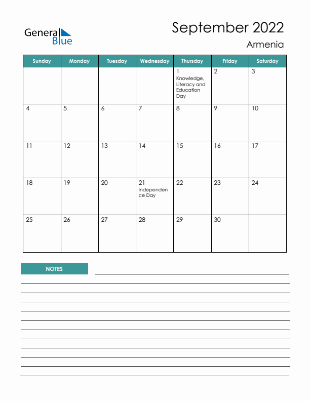 Calendar with Notes Printable - Sunday Start