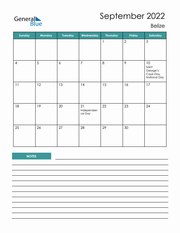 Calendar with Notes Printable - Sunday Start