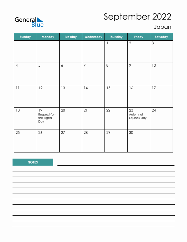 Calendar with Notes Printable - Sunday Start