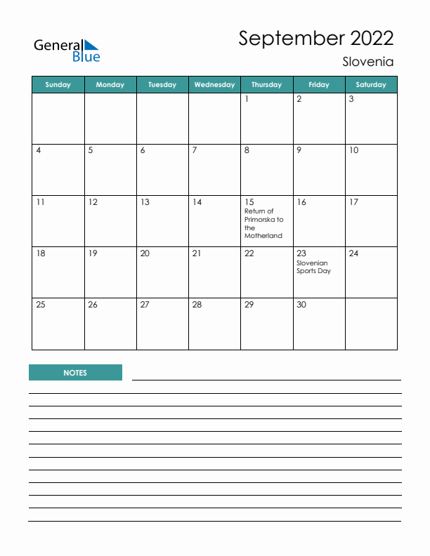 Calendar with Notes Printable - Sunday Start