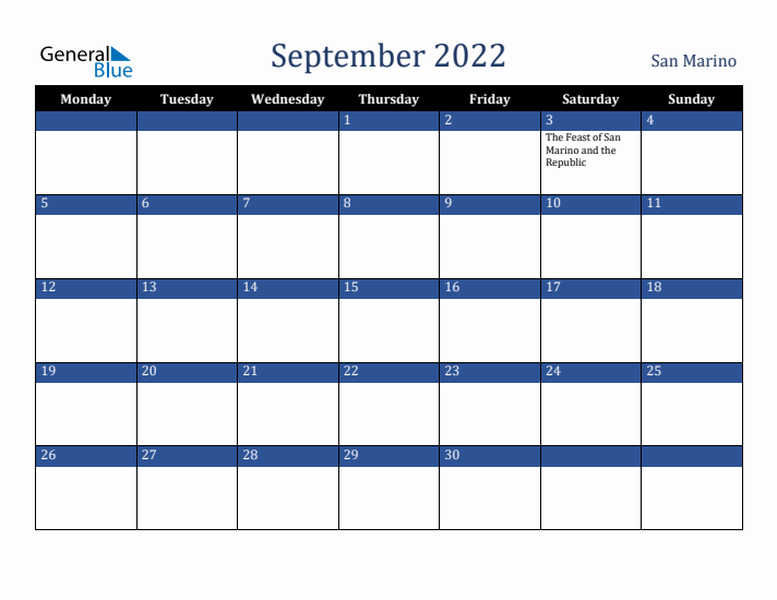 September 2022 San Marino Calendar (Monday Start)