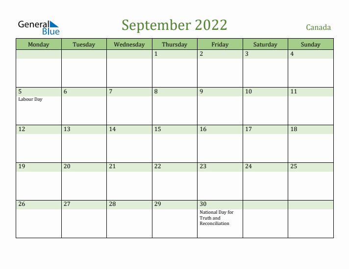 September 2022 Calendar with Canada Holidays