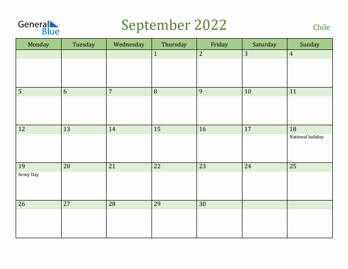 September 2022 Calendar with Chile Holidays